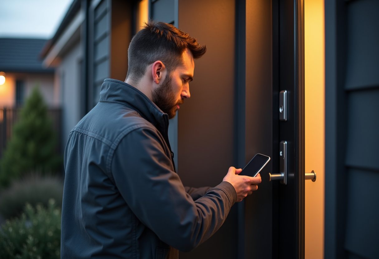 Keypad smart lock being installed on a modern front door — Kings Langley
